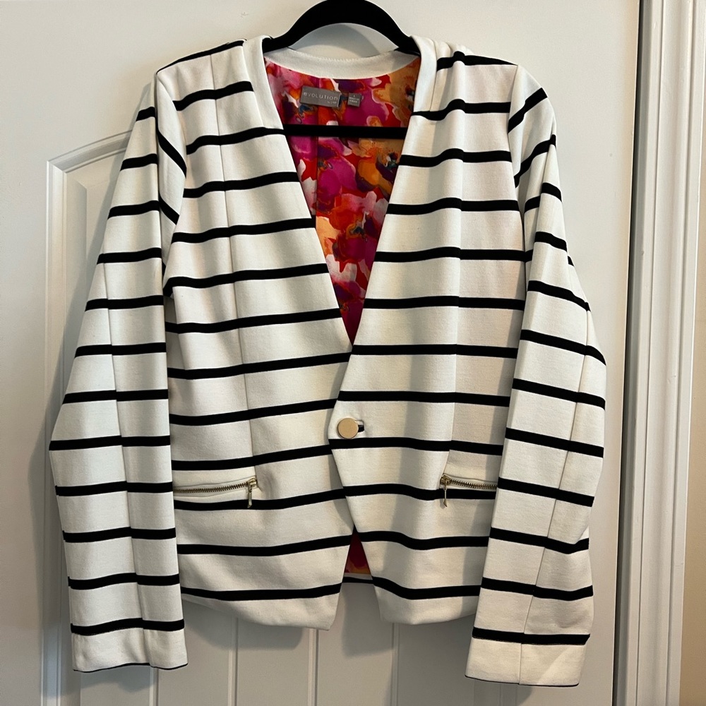 Black and white striped blazer, printed lining